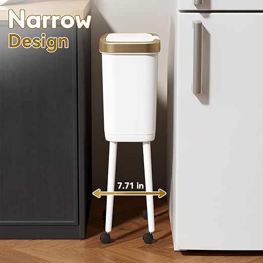 Procade 4 Gallon Bathroom Trash Can on Wheels,Slim Rolling Gold Garbage Can | Tall Skinny Trash Bin with Legs and Pop-Up Lid,Dog Proof Trash Bin,White Plastic Garbage Bin for Near Desk,Bedroom,Kitchen