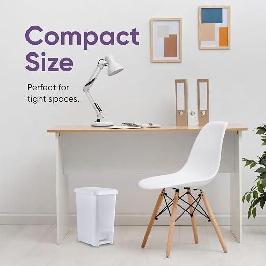 Superio Slim Step On Pedal Plastic Trash Can, Waste Bin for Under Desk, Office, Bedroom, Bathroom, Kitchen (2.5 gal) (White Smoke)