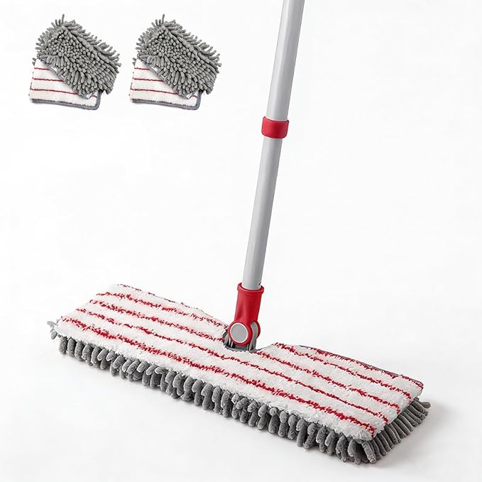 Microfiber Flat Mop 360° Rotating for Floor Cleaning, Wet Dry Dust Mop with 2 Washable Chenille Pads, Coated Iron Pole, Hardwood Floor Wall Baseboard Cleaner, Quick Shine Floors Finish