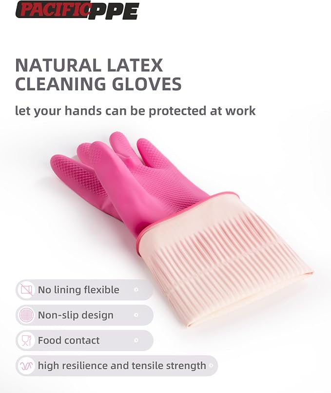 PACIFIC PPE Reusable Natural Latex Dishwashing Cleaning Gloves, 2 Pairs | Kitchen gloves, dishwashing gloves, waterproof, reusable, non-slip grip, flexible fit for laundry and household cleaning