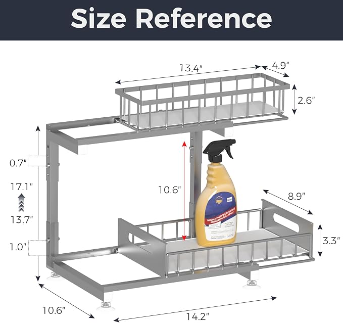 Saydear 2-Pack L-Shaped Under Sink Organizer, 2-Tier Pull-out Cabinet Rack | Grey Height-Adjustable Metal Rack, Sliding Grid Drawers with Safety Stopper, Holds 100 Lbs, Ideal Kitchen Cabinet Storage