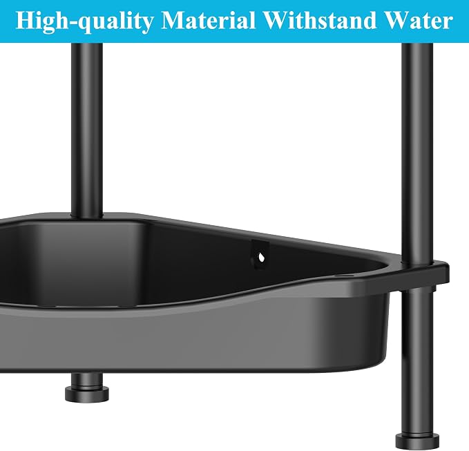 HuggieGems Metal Floor Standing Corner Shower Caddy, Jet Black, 4 Tier | Adhesive Bathroom Organizer Shelves, Free Standing Shower Rack with Hooks, Hold Large Shampoo Bottles