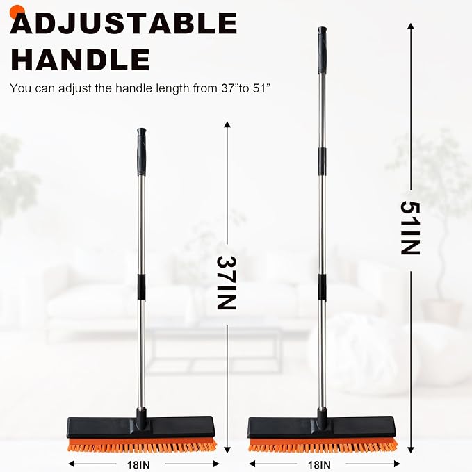 18" Push Broom Outdoor with Rubber Squeegee,Heavy Duty Broom Brush with Handle,Stiff Bristles for Patios and Deck Dirt Garage Warehouse Driveway Concrete Floor Cleaning Scrubbing