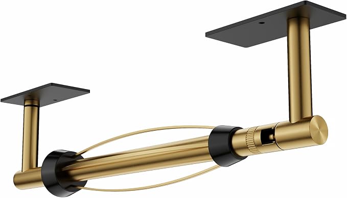 Paper Towel Holder Under Cabinet with Damping No Drill, Black & Gold | Adhesive or Wall Mounted, 304 Stainless Steel Post Pivoting Design, Single Hand Operable for Kitchen Bathroom, Square Base