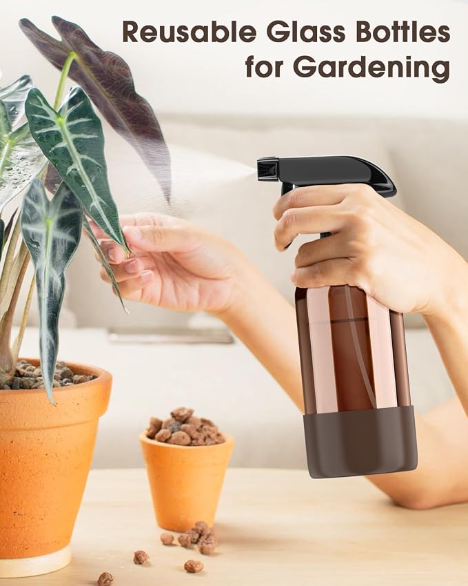 Bontip Glass Spray Bottle with Silicone Sleeve Protection, Amber Glass Spray Bottle Set for Window Cleaner Aromatherapy Facial Hydration Watering Flowers Hair Care 2 Pack/16 oz (Brown & Grey, 16 oz)
