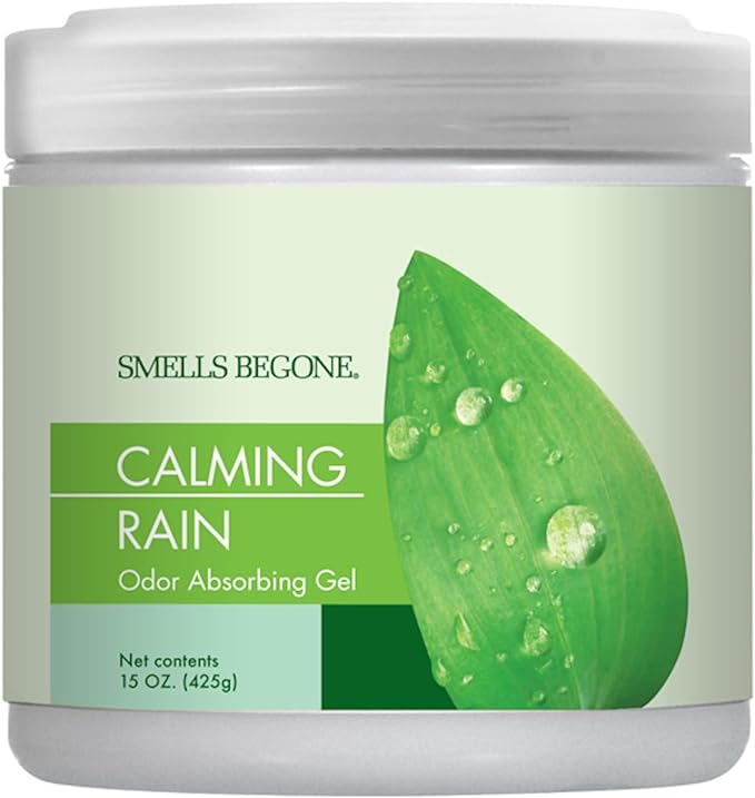 SMELLS BEGONE 15oz Gel Odor Eliminator - Absorb & Remove Tough Odors in Pet Areas, Bathrooms, Basements, Garage, Cars, RVs & Boats - Eliminate Odors Quickly (1-Pack, Calming Rain)