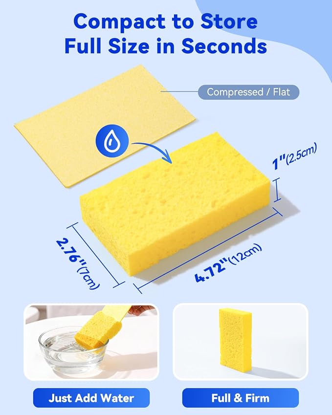 Temede 12-Count Cellulose Sponges, Heavy Duty Kitchen Sponges, Non-Scratch | Pop-Up Compressed Cellulose Dish Sponges, with a Durable and Firm Texture for Cookware, Bathroom and Household Cleaning