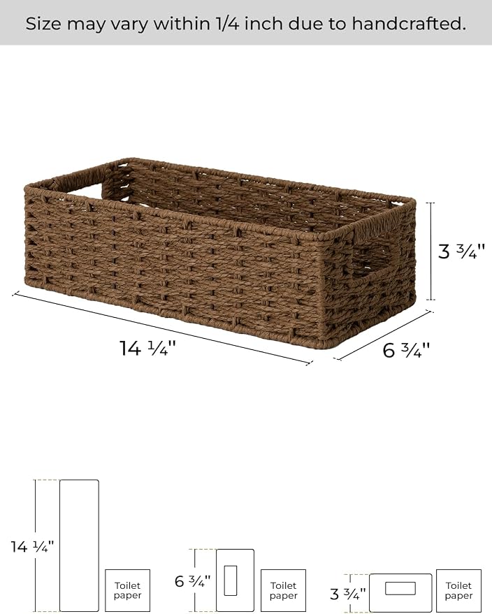 StorageWorks Toilet Tank Tray, Brown Round Paper Rope Bathroom Baskets for Organizing, Toilet Tank Basket, Toilets Organizer with Built-in Handles, 14 ¼"L x 6 ¾"W x 3 ¾"H, 2 Pack