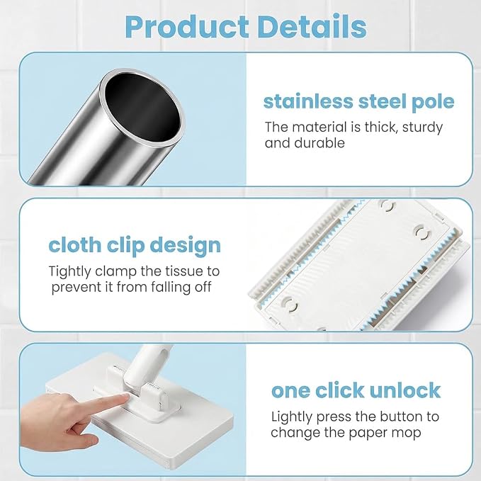 Clamp Grip Mini Mop, Zero Touch Cloth Changing Mop with Automatic Push Pull Handle,360 Rotating Lazy Mops Wet Dry for Whole House Cleaning,Retractable Gap Dust Cleaner Flat Mops (White-5 Cloths)