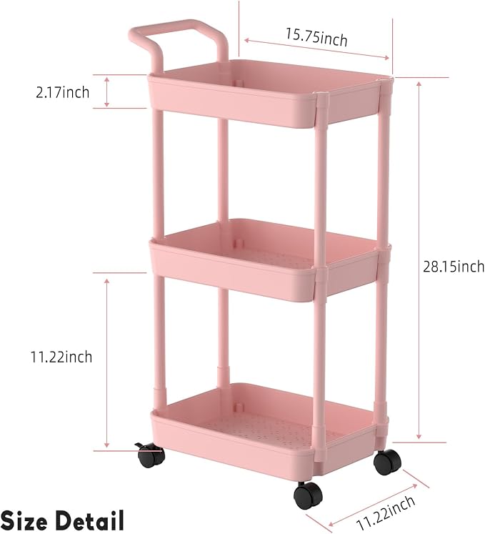 Volnamal Diaper Caddy, 3 Tier Rolling Cart for Baby Essentials, Pink | Movable & Easy Assemble Cart for Newborn Nursery Essentials, Diaper Storage Organizer for Changing Table&Crib, Baby Registry