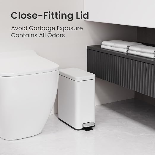 Cesun 2.6 Gallons Small Bathroom Trash Can with Lid Soft Close, White | Removable Inner Bucket, Small Stainless Steel Garbage Can for Bedroom/Office, Hands-Free Step Pedal, Fingerprint-Resistant