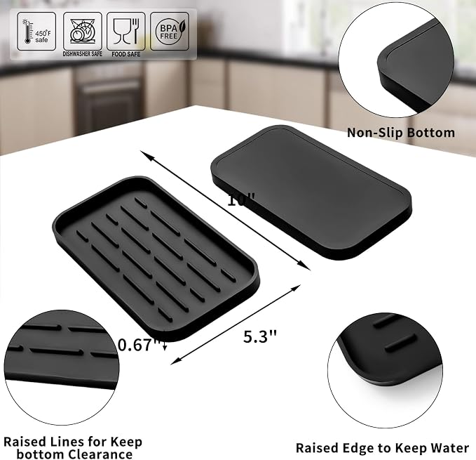 MicoYang Silicone Kitchen Sink Organizer Tray for Multiple Usage,Eco-Friendly Sponges Holder for Kitchen Bathroom Counter or Sink,Dish Soap Dispenser,Scrubber,Bottle,Cup (Black, 10"×5.3")