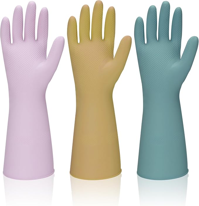 Reusable Kitchen Dishwashing Gloves - 3 Pairs Rubber Household Cleaning Gloves, Flexible and Durable & Non-slip Cleaning Gloves, Great for Kitchen, Laundry, Bathroom (M, Purple+Brown+Blackish Green)