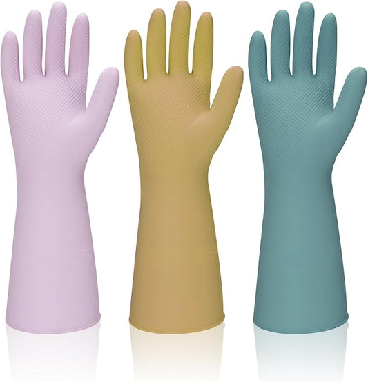 Reusable Kitchen Dishwashing Gloves - 3 Pairs Rubber Household Cleaning Gloves, Flexible and Durable & Non-slip Cleaning Gloves, Great for Kitchen, Laundry, Bathroom (M, Purple+Brown+Blackish Green)