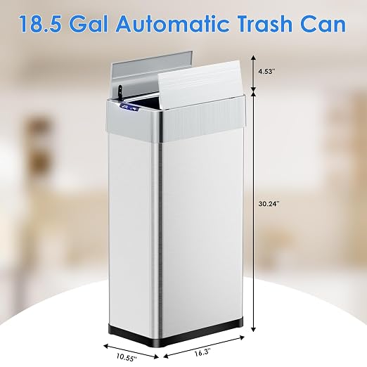 TLSUNNY 18.5 Gallon Automatic Trash Can, Motion Sensor Garbage bin | Stainless Steel Smart Trash Can W/ Butterfly Lid, Bag Retainer Ring for Living Room, Kitchen, Office (Silver, 70L)