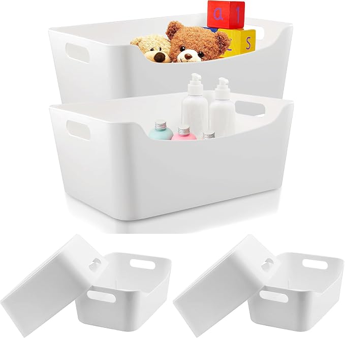 Ytteve 6-Pack Mixed Size White Plastic Storage Bins – Includes 2 Large (13"x9.5"x5.7") & 4 Medium (9.5"x6.7"x4.1") – Versatile Shelf Organizers for Kitchen Pantry, Closet, Bathroom, Office & Cabinet