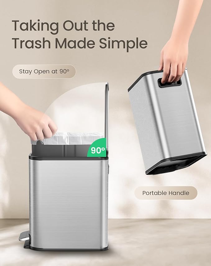 Cesun Small Bathroom Trash Can with Lid Soft Close & Pedal, 1.3 Gal, Silver | Removable Inner Bucket, Slim Stainless Steel Garbage Can for Bedroom/Office, Included 5 Trash Bags, Hidden Bag, Built to Last