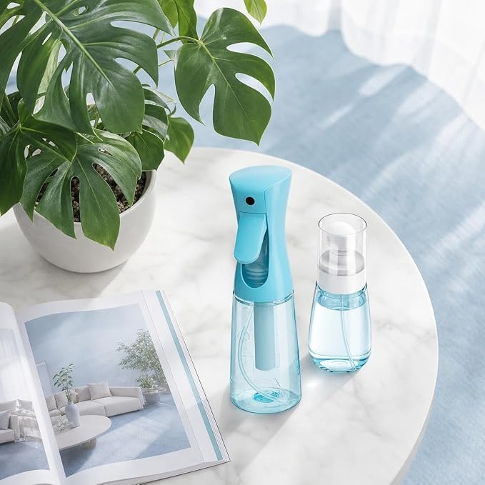 2 Pack Spray Bottles, 6.8oz(200ml) Continuous Spray Bottles & 2oz(60ml) Travel Spray Bottle, Refillable Pink Water Sprayer for Hairstyling, Barbers, Plants, Cleaning, Skincare (blue)