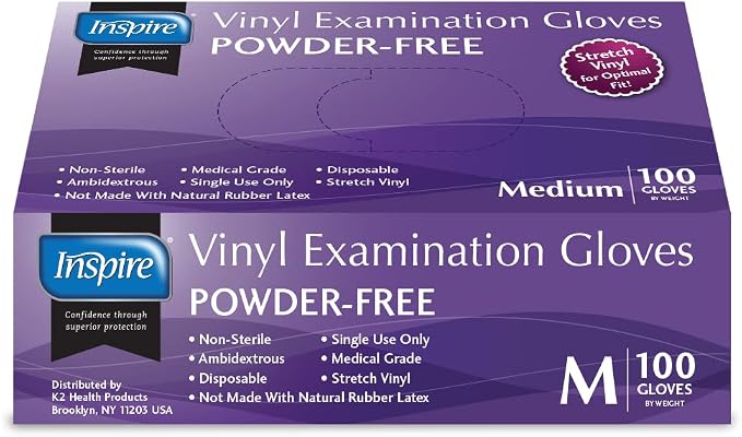 Inspire Medical Exam Gloves | Powder Free Stretch Vinyl Gloves | Disposable Gloves Disposable Latex Free Gloves | Cooking Gloves Disposable Food Safe Food Prep Gloves Plastic Gloves Disposable
