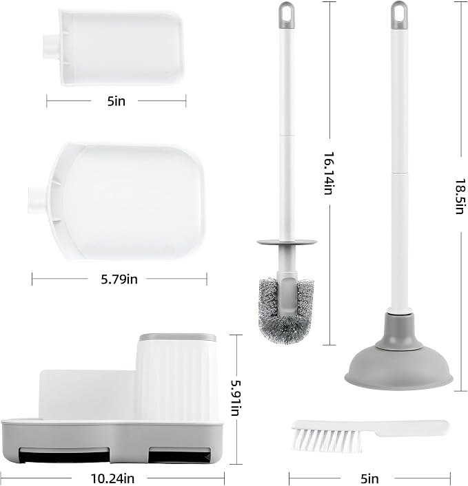 2 Pack Toilet Brush and Plunger Set, Plunger and Brush Set, White | Nylon Bristles, Strong Suction Plunger, With a drip tray, Bathroom Cleaning Tools,Apartment essentials, compact floor storage