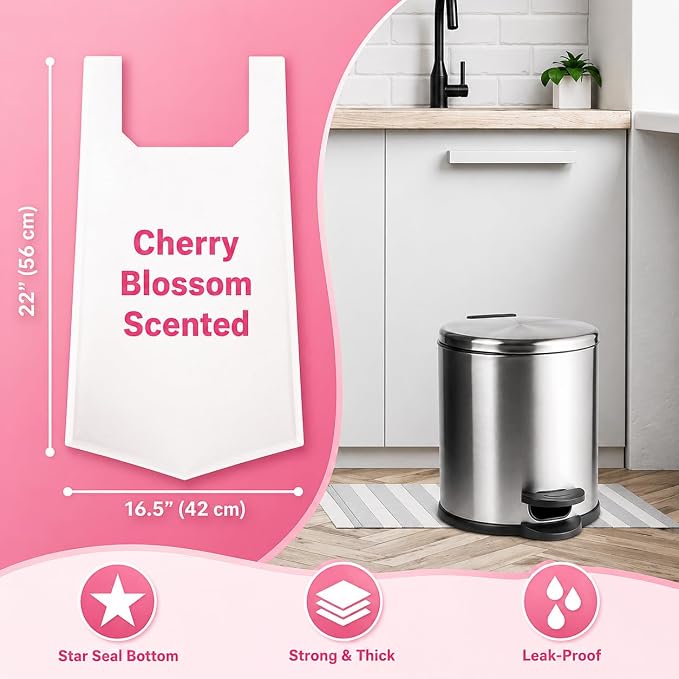 2.6 Gallon Scented Trash Bags with Handles (300 Bags) Small Bathroom Garbage Bags Wastebasket Can Liners for Home Office Bins (Cherry Blossom, 300 ct.)