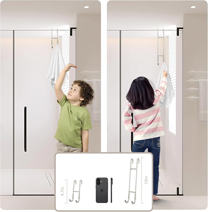 NINETREX Shower Door Hooks, Towel Hooks Frameless Glass Door, 10", 2 Pack | Heavy Duty SUS 304 Stainless Steel, for Towels Squeegee Loofah Shaver Robe, Bathroom Storage, Brushed Nickel