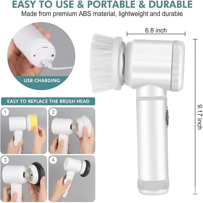 Electric Spin Scrubber - Cordless IPX7 Waterproof Shower Scrubber with 2 Speed Settings and 6 Replaceable Heads，Electric Cleaning Brush for Bathroom，Kitchen and Windows