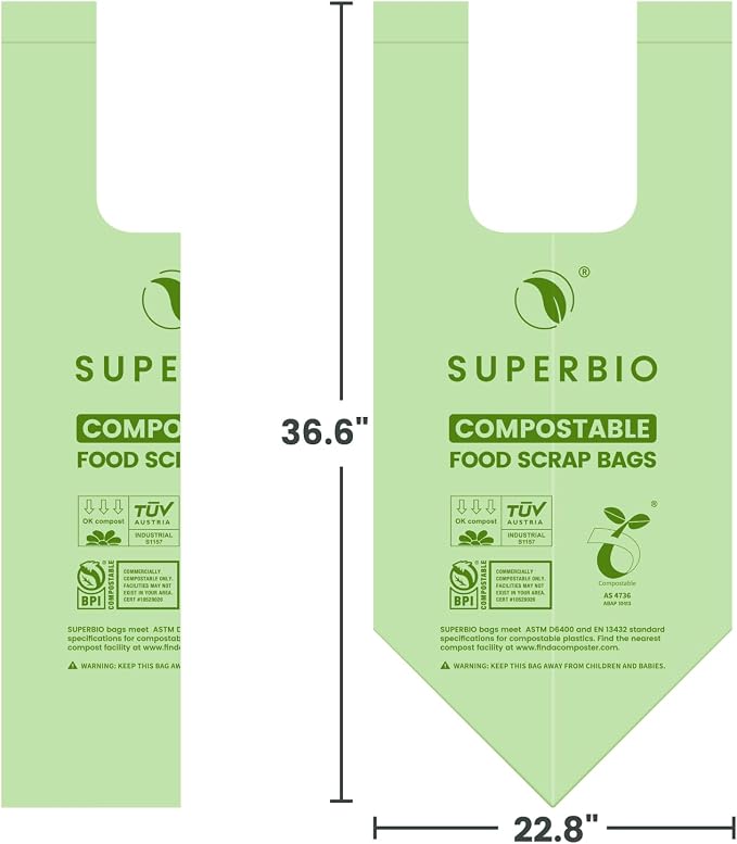 SUPERBIO 13 Gallon Compostable Kitchen Waste Bags with Handles | Food Scrap Bags, Certified by BPI, OK compost HOME, 30 Count, 49.2L