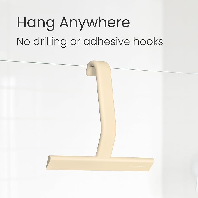 JustHang Shower Squeegee with Built-in Hook, 10'' Sand Beige | Award-Winning Design, All-One-Piece Soft-Touch Silicone, for Glass Door, Bathroom, Window, Mirror, Tile Wall, Car
