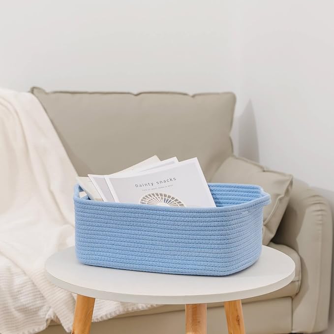 CubesLand Cute and Durable Small Cotton Rope Basket for Organizing | Woven Closet Storage Bin,Shelves Closet Storage Basket, Bathroom Storage Organizer Bin, Nursery Toy Basket Bin, Blue Basket