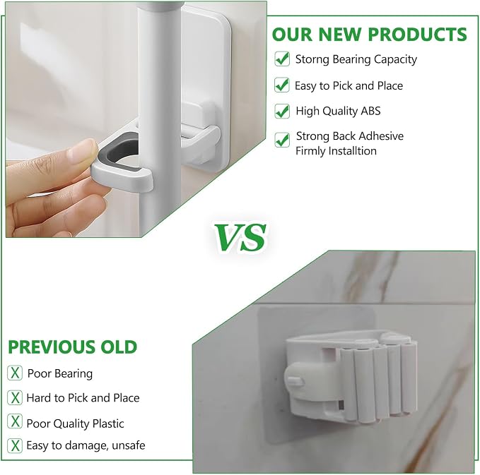 6 pack Broom Holder Wall Mount Mop Holder Broom and Mop Gripper Self Adhesive Peel and Stick Anti-Slip Mop Handle Hanger Household Cleaning Organizer, Holds up to 6 lb