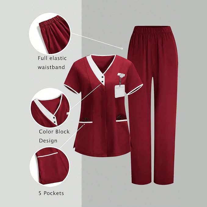 2026 Housekeeping Uniform Cleaning Uniforms - Button V Neck Top & Pants with Multi Pockets - Scrubs for Women