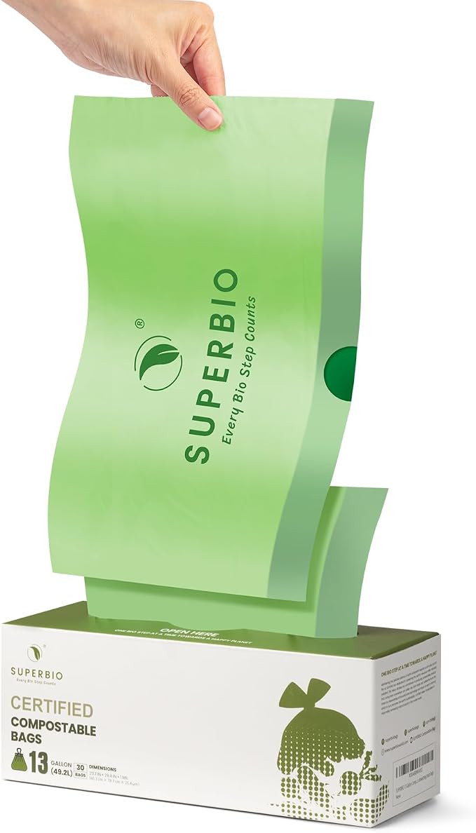 SUPERBIO 13 Gallon Compostable Drawstring Kitchen Waste Bag, 30 Count | 49.2 Liter, 1 Mil, Heavy Duty Food Scrap Bags, BPI, Seedling and OK compost INDUSTRIAL