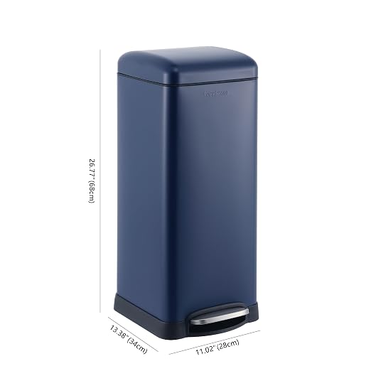 happimess Betty 8 Gal Step Trash Can Soft-Close Lid, Denim Blue | Removable Liner, Semi-Rectangular, Steel Pedal, Iron Powder Coated, 27" Height, Non-Skid Base