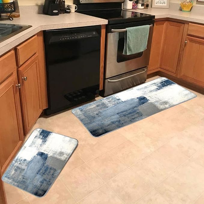 TOMWISH Grey and White Kitchen Rugs Non-Slip Standing Desk Mat | Kitchen Rug Set for Kitchen Floor Office Dining Room Sink Laundry 17"X48"+17"X24" Kitchen Decor and Accessories