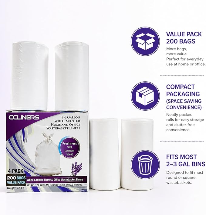 2.6 Gallon Lavender Scented Trash Bags (200 Count) White 2 Gallon Trash Bags Small Bathroom Wastebasket Bags Can Liners for Home Office Bins, 200 Bags