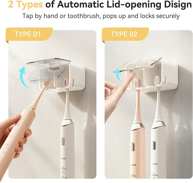 MOPMS Toothbrush Holders for Bathrooms with 2 Slot Independent Compartment | 3PCS Electric Toothbrush Holder Wall Mounted for Shower, Toothbrush Dispenser Storage Organizer with Cover for Family