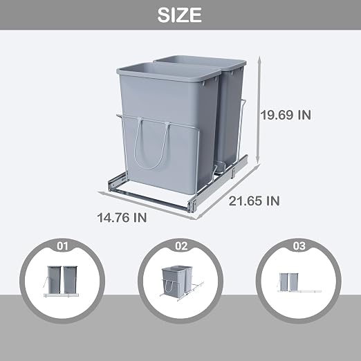 Double Pull-Out Trash Can, 35QT Under-Cabinet Kitchen Bin, Metal Frame, Grey, Fits Above 18” Opening Cabinets