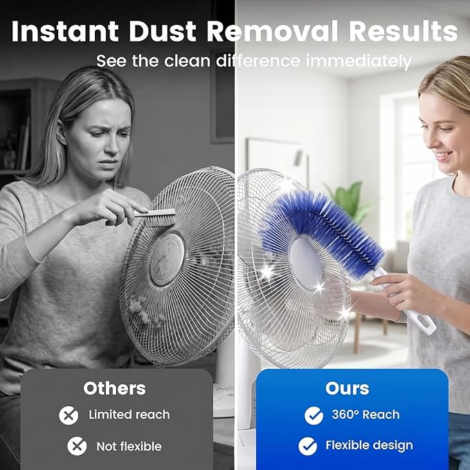Fan Cleaning Brush, Bendable Microfiber Head, Microfiber Duster for Electric Fan and Blind, Reusable Dust Remover Washable ldeal for Electric Fans Air Conditioning, Home Car Vents, Curtain (Blue+Gray)