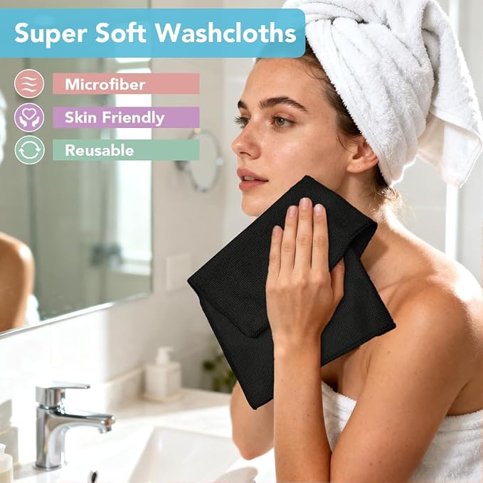 Orighty Washcloths, 5 Pack Microfiber Face Towels, 12x12 Inch Black | Highly Absorbent & Soft Feel, Multi-Purpose Wash Cloths & Hand Towels for Bathroom, Hotel, Spa, and Gym