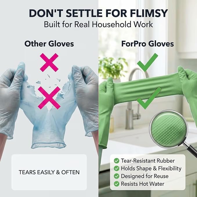 ForPro Natural Rubber Gloves, 6 Pairs Reusable Multi-Purpose Household Cleaning Gloves with Soft Inner Lining, Waterproof & Chemical-Resistant, Lime Zest, Small