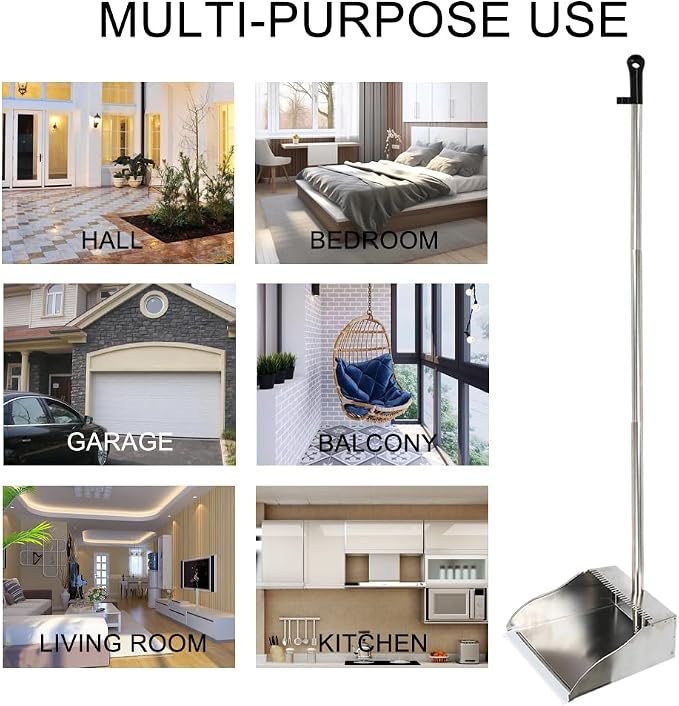 Stainless Steel Dustpan Metal Dustpan with Handle Heavy Duty Dust Pan Upright Dust Pan for Home Office Lobby
