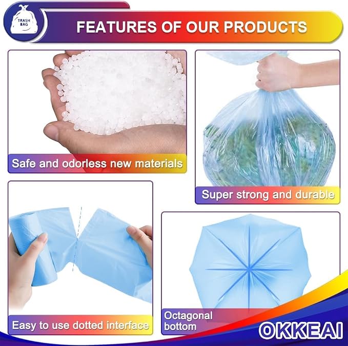 OKKEAI 8 Gallon Kitchen Trash Bags, 30L Blue Garbage Bags, 60 Count | Strong and Tear-Resistant Trash Bags for Kitchen Bins, Fits Most 7-10 Gallon Cans