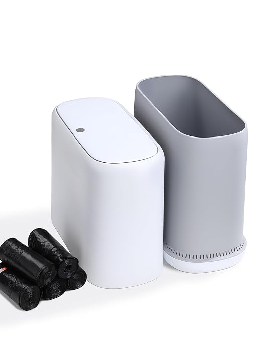 Dog Proof Small Bathroom Trash Can with Lid, Slim Press Top Garbage Can, Narrow White Plastic Waste Basket, for Bathroom Bedroom Office 4.8 Gal with 5 Rolls 75 Trash Bags