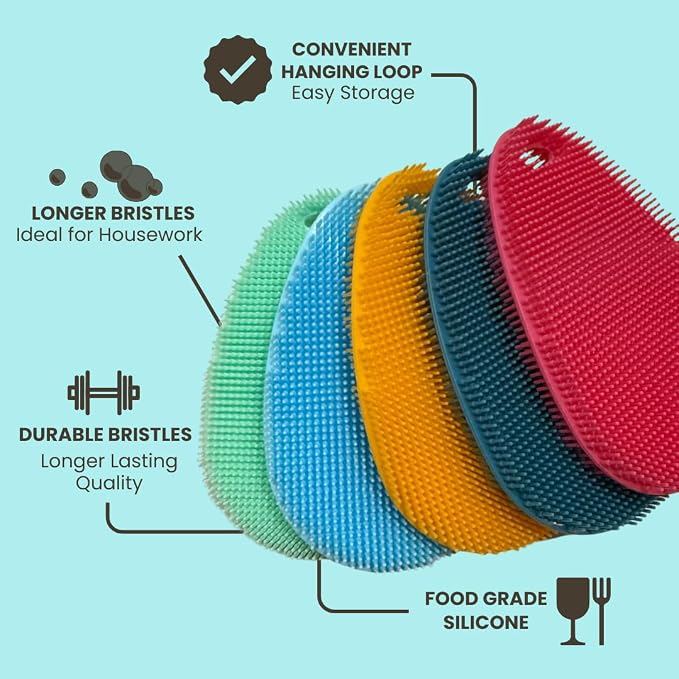 Silicone Sponge Dish Scrubber - Food Grade and Housecleaning - BPA Free Silicone Kitchen Scrubber [5 Pack Ovals Summer]