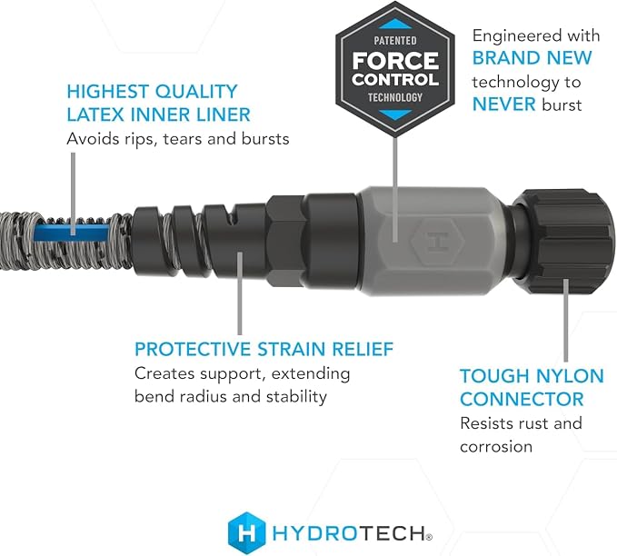 HydroTech 60 ft Auto Care Expandable Burst-Proof Hose, 5/8 in Diameter | Patented Force Control Technology delivers lightweight, kink-free flexibility, compact storage and dependable durability.