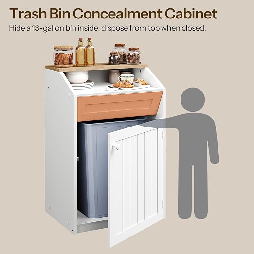 Trash Cabinet, Freestanding Trash Can Cabinet, Wooden Recycling with Flip Door, 13 Gallon Hidden Kitchen Garbage Can for Kitchen, Living Room, White WB13WT