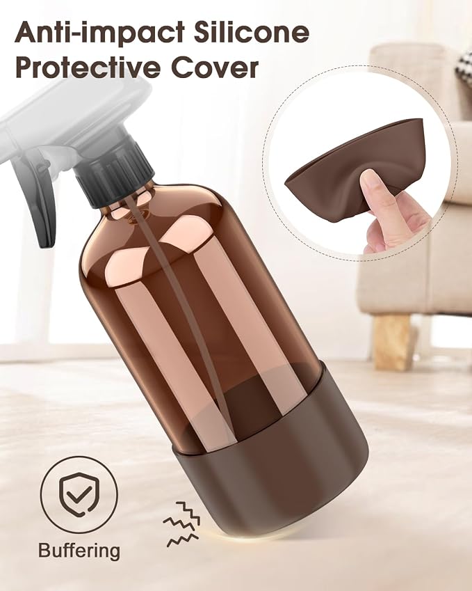 Bontip Glass Spray Bottle with Silicone Sleeve Protection, Amber Glass Spray Bottle Set for Window Cleaner Aromatherapy Facial Hydration Watering Flowers Hair Care 2 Pack/16 oz (Black & Brown)