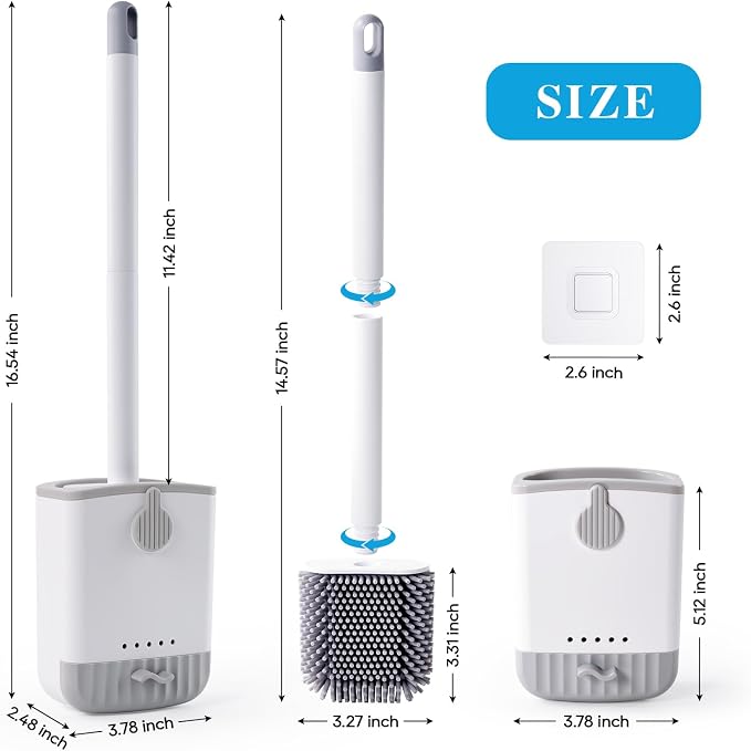 Silicone Toilet Bowl Brush with Holder, 2 Pack, White | Ventilated Holder, Floor Standing & Wall Mounted, Toilet Cleaner Brush for RV Travel, Camper, Family Bathroom