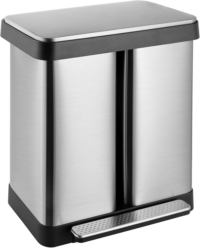 ComfyCorner 16 Gallon Dual Compartment Trash Can, Step-On Garbage Bin | Stainless Steel Hands-Free Recycling Rectangular Dustbin with Soft-close Lid, Removable Inner Buckets, for Kitchen Home